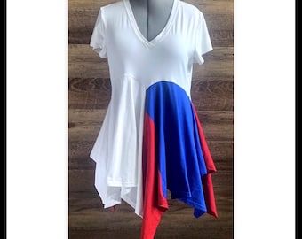 XL 4th of July tunic red white blue v-neck Lagenlook flattering Texas tunic