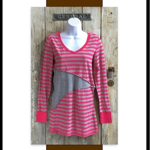 Long sleeve knit tunic | pink and grey | striped top | upcycled clothing | fun fashion | weekend tunic| Medium Large Tunic