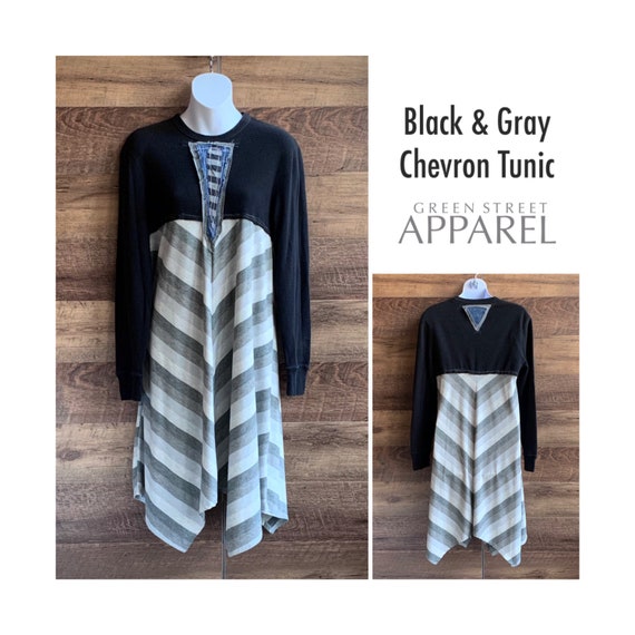 Small/Medium Chevron Dress Tunic | Black and Grey Dress | Geometric Dress | upcycled women's Dress Small/Medium Chevron Dress Tunic | Black and Grey Dress | Geometric Dress | upcycled women's Dress