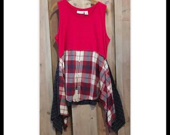 Red White & Blue Plaid Tunic, Upcycled Clothing, Flowy Tunic, Funky Tunic, Artsy Tunic, Lagenlook Tunic, Patriotic Tunic, Fun Fashion Tunic
