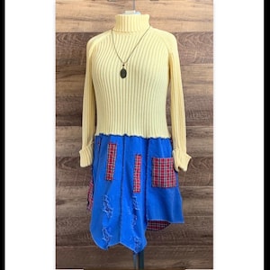 Women’s Upcycled Turtleneck Sweater Tunic Dress Yellow Blue Tall