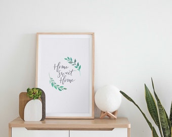 Home Sweet Home Print | Watercolor Print | Modern Calligraphy | leaf wreath | Simple Wall Art | Home Decor | Housewarming | Digital Download