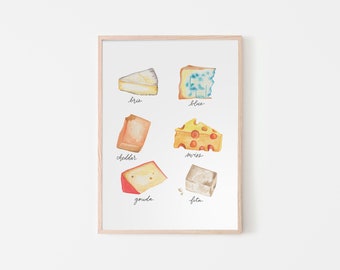 Cheese Print | Watercolor | Kitchen Art | Food Art | Modern Calligraphy | kitchen print | cheese watercolor | home decor | digital download