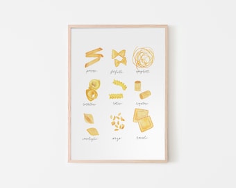 Pasta Print | Pasta Watercolor | Kitchen Print | Types of Pasta | Kitchen Art | Food Lovers Print | Variety of Pasta Art | Digital Download