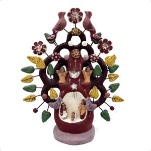 Peruviaans aardewerk terracotta levensboom kerststal volkskunst beeldje, Peruaanse levensboom kandelaar