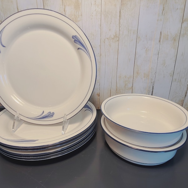 Lenox Blue Brushstrokes (Set of 2) Cereal Bowls / Salad Plates 8.5" Chinastone Made in USA Vintage 1990's Soup Bowl Pinstripe For the Blues