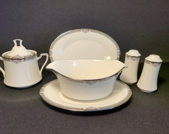 Noritake Halifax Serving Pieces, Salt Pepper, Covered Sugar, Open Butter, Gravy Boat w/ Underplate, Open Stock Ivory Base Silver Band