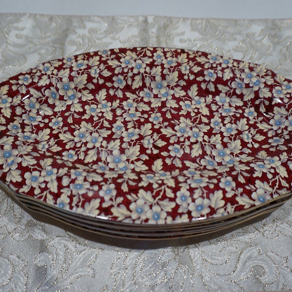 Lord Nelson Ware Set of 6 Oval  12" Plates or Platters Royal Brocade  Plate Chintz Pottery Elijah Cotton LTD Burgundy Blue Ivory Florals