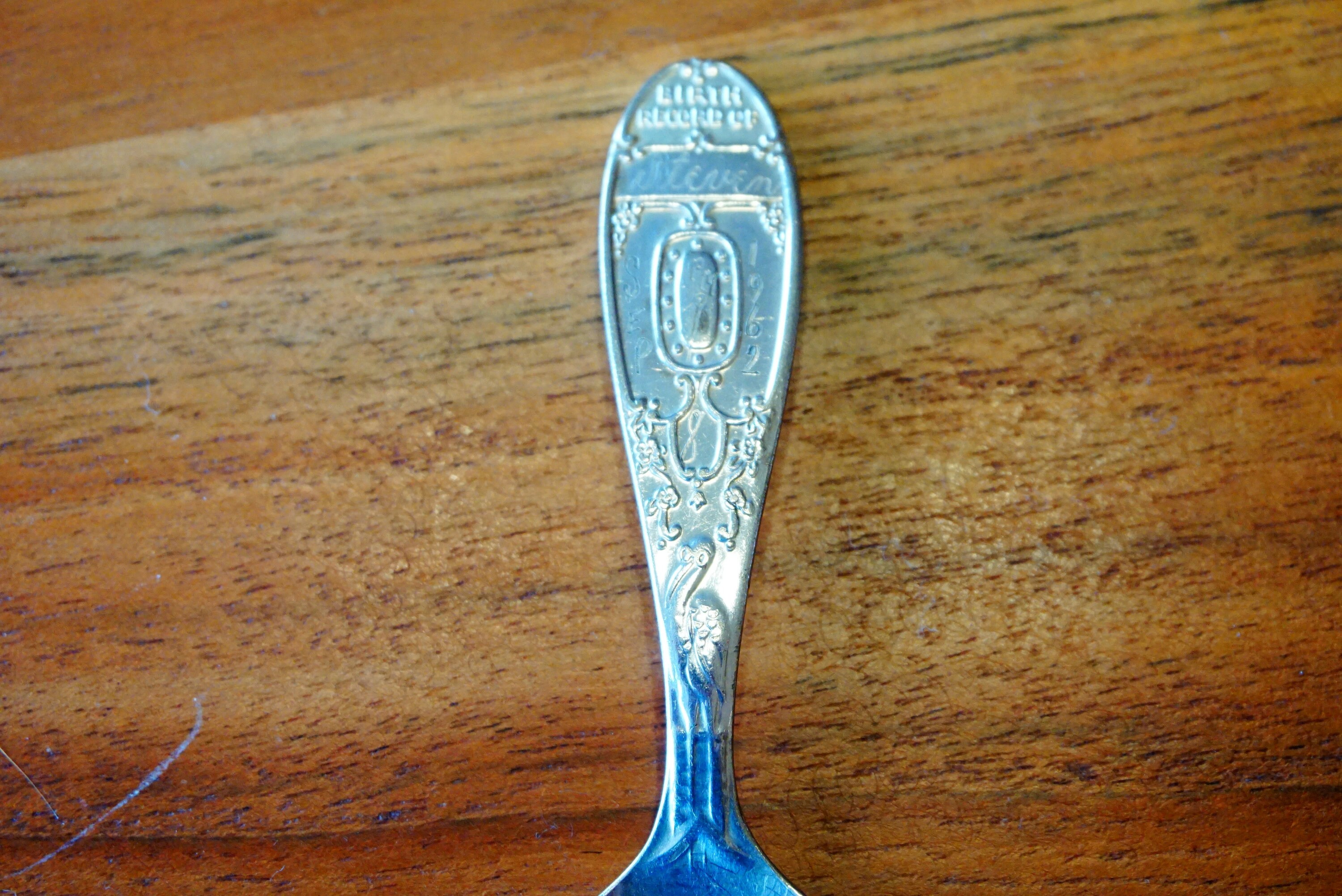 WM Rogers Star Birth Record Baby Spoon in Silver Plate With Stork Embossed Personalized Steven