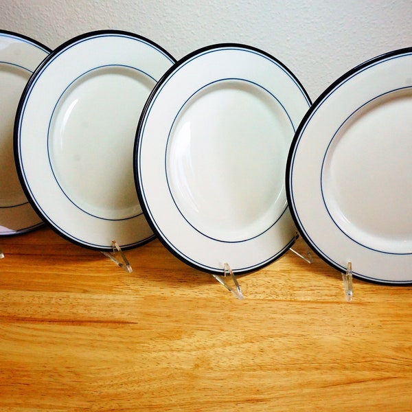 Dansk Allegro Blue Set of 4 Salad Plates 9" across Concerto Made in Portugal White Base With Blue Edge Trim