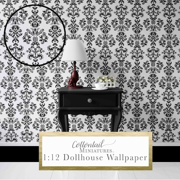 Printable 1:12 Dollhouse Wallpaper Black and white damask Pattern Instant download DYI miniature craft projects