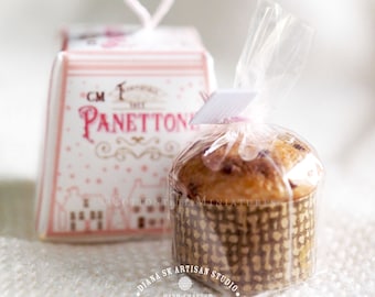 1:12 Puppenhaus Miniatur Essen Rosine Panettone Italienisches Weihnachten Süßes Brot Set aus Weiss-Rosa Box & Geschenk verpackten Laib Frohe Weihnachten Etikett