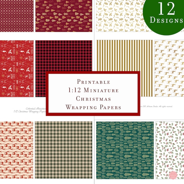 Printable 1:12 Miniature Christmas Gift Wrapping Papers 12 seamless designs Instant download for Dollhouse Holiday DIY decor craft projects