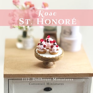 1:12 Dollhouse Rose St. Honoré Pastry Pink Raspberry French Dessert Handmade Polymer Clay Miniature Food Bakery Collectors Gift Passtierie