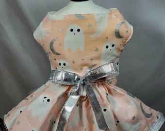 Halloween Dog Dress -Happy Little Ghosts, Moon & Stars on Pink, Pet Fashion, Halloween, Pet Costume, Silver Metallic