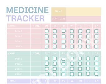 May include: A printable medicine tracker with four sections for tracking daily doses. Each section has a space for a name, time, and days of the week. The sections are colour-coded in pink, green, purple, and yellow.