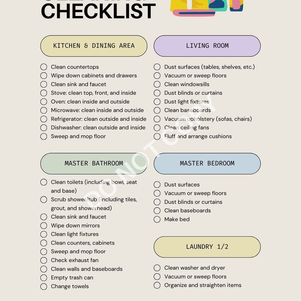 Downloadable Cleaning Checklist for Nannies, Caregivers, Spouses, Housekeepers and More Immediate Use Print and Use