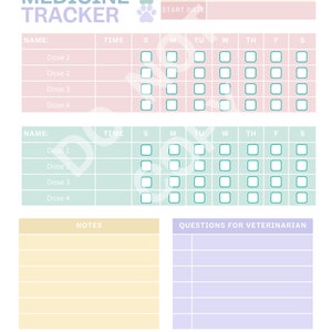 May include: A printable pet medicine tracker with sections for pet name, start date, time, and daily doses. The tracker includes a checklist for each day of the week and space for notes and questions for the veterinarian. The tracker is designed in pastel pink, blue, and yellow colours.