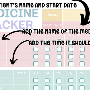 May include: A printable medicine tracker with a pink and white background. The tracker has sections for the patient's name, start date, and the name of the medicine. There are also columns for the time of day and days of the week. The tracker is designed to help people keep track of their medication.