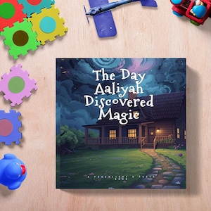 Könnte beinhalten: Ein Kinderbuch mit dem Titel "The Day Aaliyah Discovered Magic" mit einer Hausillustration auf dem Cover. Das Buch ist von bunten Spielzeugen umgeben, darunter Puzzles und ein Spielzeugflugzeug, auf einer Holzoberfläche.