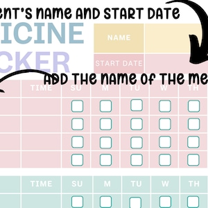 May include: A printable medicine tracker with a pink and white colour scheme. The tracker has a section for the patient's name, the start date, and the name of the medicine. The tracker also has a calendar grid for tracking daily doses.