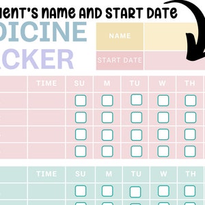 May include: A printable medicine tracker with a pink and green colour scheme. The tracker has a section for the patient's name and start date. The tracker has a grid for each day of the week with spaces for four doses of medication.
