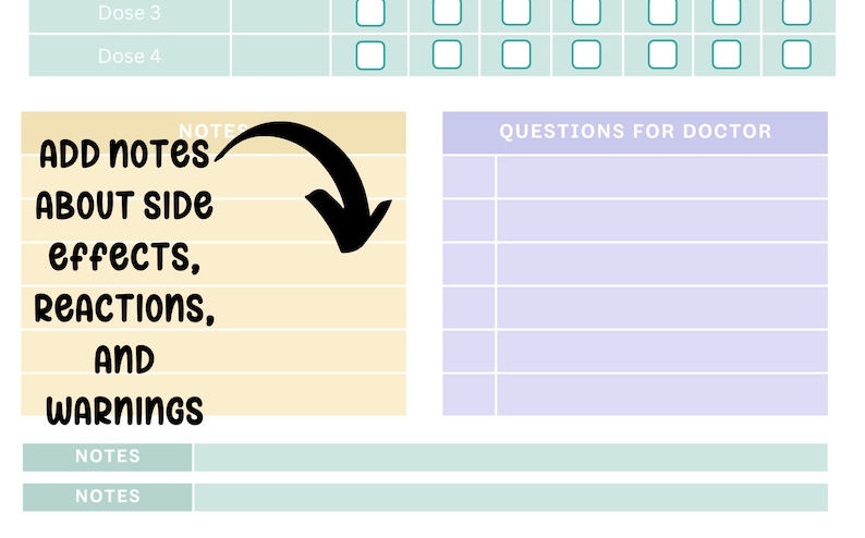 May include: A printable vaccination tracker with a checklist for each dose, a section for notes about side effects, reactions, and warnings, and a section for questions for the doctor.