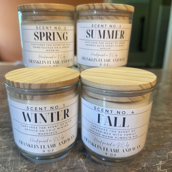 Set of 4-Season Candles, Honeysuckle, Blue Spruce, Apple Harvest, and Pumpkin Pie, Gift for Her Soy Wax Aromatherapy Candles 9 oz Jars