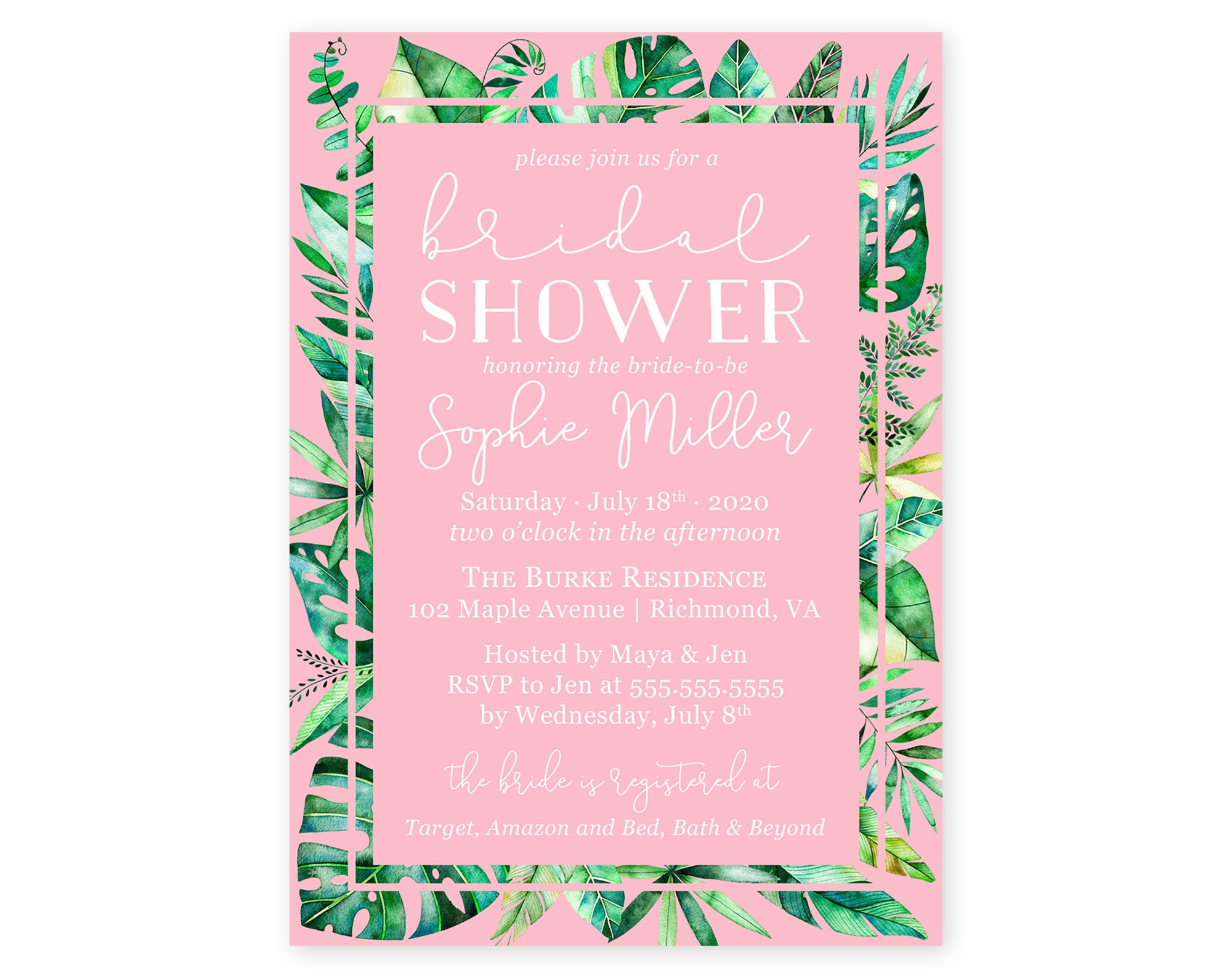 Pink Tropical Bridal Shower Invitation Printed or Printable Etsy