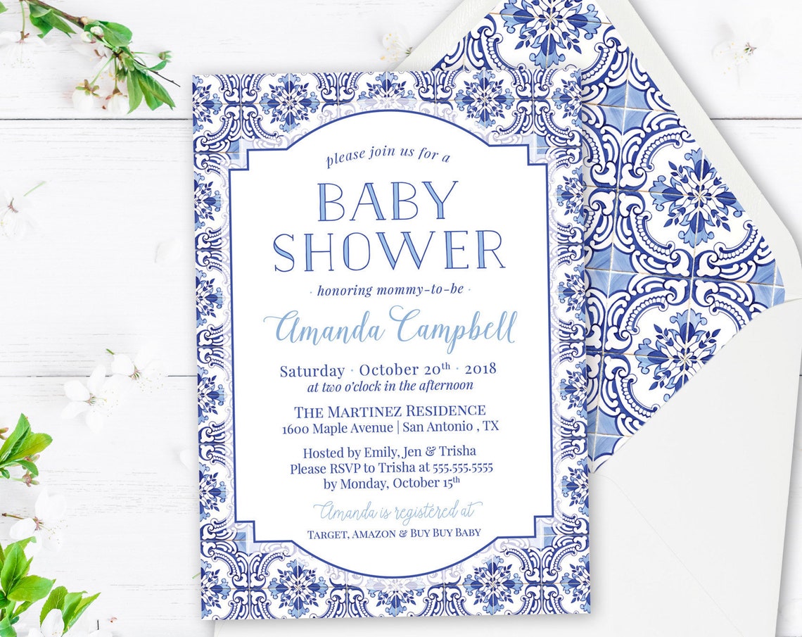 Blue and White Baby Shower Invitations Printed or Printable Etsy