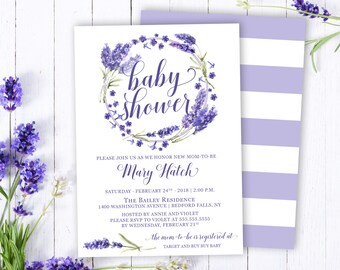 Lavender Baby Shower Invitation | Printed or Printable Baby Shower Invitations- Purple Floral Baby Shower Invites, Girl Baby Shower
