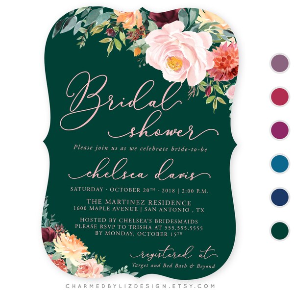 Green Fall Floral Bridal Shower Invitations | Printed or Printable Bridal Shower Invitation- Burgundy, Peach, Coral Watercolor Floral Invite