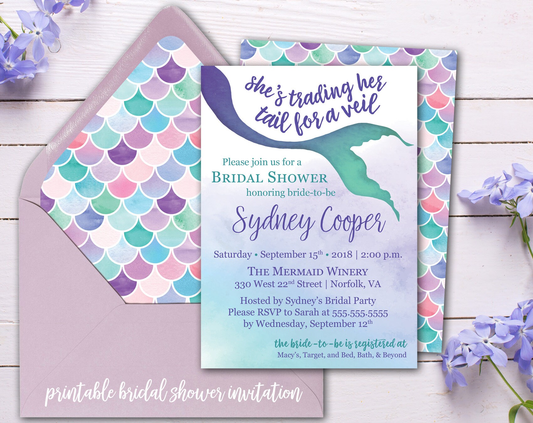 Mermaid Bridal Shower Invitation Printed or Printable Bridal - Etsy