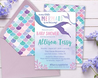 Mermaid Baby Shower Invitation | Printed or Printable Baby Shower Invitations, Watercolor Mermaid Invites, Nautical Invite, Little Mermaid