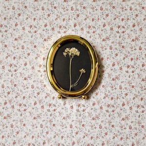May include: An oval gold-coloured picture frame with a black background, containing a dried flower arrangement. The frame has small decorative feet. The background features a floral pattern with small red and pink flowers.