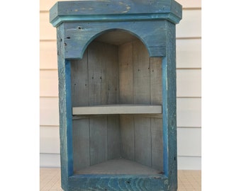 Hanging Corner Curio Cabinet, reclaimed / recycled pallet wood, rustic, distressed, cobalt blue, gray