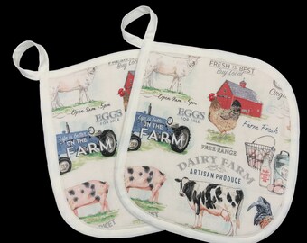 Set of 2 Handmade Farm Themed Potholders, 100% cotton stuffed with "Insul-Bright" and "Warm & Natural"