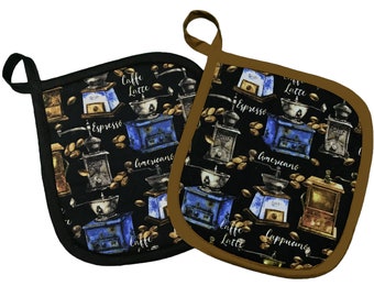 Set of 2 Handmade Black, Brown and Blue Coffee-mill Themed Potholders, 100% cotton stuffed with "Insul-Bright" and "Warm & Natural"