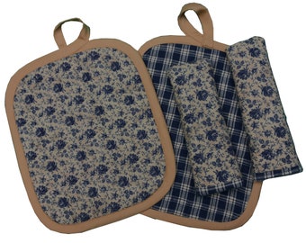 Set of 2 Handmade Khaki and Navy Blue Floral Potholders and 2 Matching Skillet Mitts, Cotton stuffed w. "Insul-Bright" and "Warm & Natural"