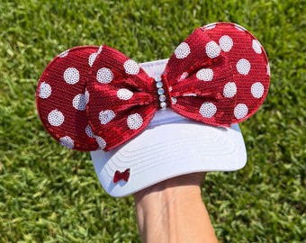 NEW  Minnie Mouse Inspired Visor: Dots Sequin Ears, Red Polka Dot Bow, white visor