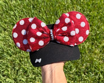 NEW  Minnie Mouse Inspired Visor: Dots Sequin Ears, Red Polka Dot Bow, black visor