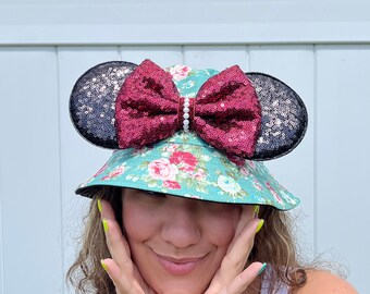 Bucket hat Flowers Inspired, mickey ears, Minnie Ears, disney visor, Adult circumference 22.8 inch, teal, wine. roses