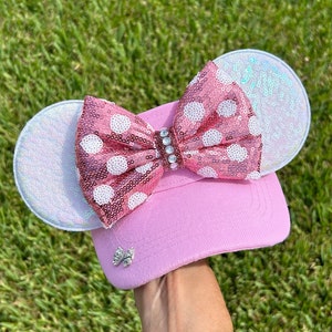 Minnie Mouse Inspired, visor pink, white ears, Mouse Ears, mickey ears, Minnie Ears, disney visor, pink Minnie Mouse