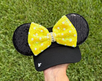 Black visor,  Minnie Mouse Inspired Visor: Black Sequin Ears, Yellow  mini Polka Dot Bow