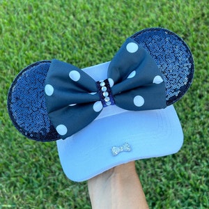 Minnie Mouse Inspired White Visor with Navy Polka Dot Ears
