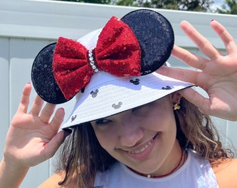 Bucket hat Mickey Inspired, White, mickey ears, Minnie Ears, disney visor, Adult circumference 22.8 inch, kids 20.5".