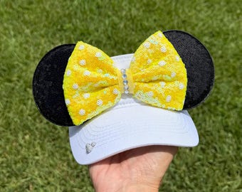 White visor,  Minnie Mouse Inspired Visor: Black Sequin Ears, Yellow  mini Polka Dot Bow