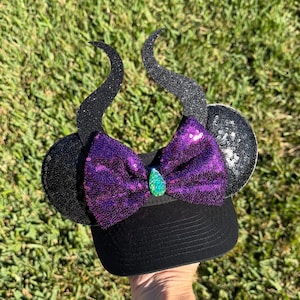 Maleficent Inspired Mouse Ears Visor, Purple Sequin Bow