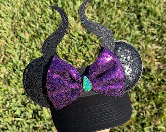 Maleficent Inspired Mouse Ears Visor, Purple Sequin Bow