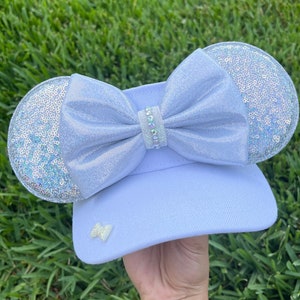 White visor, sparkly white bow, silver ears, visor, Mouse Ears, mickey ears, Minnie Ears, Bride